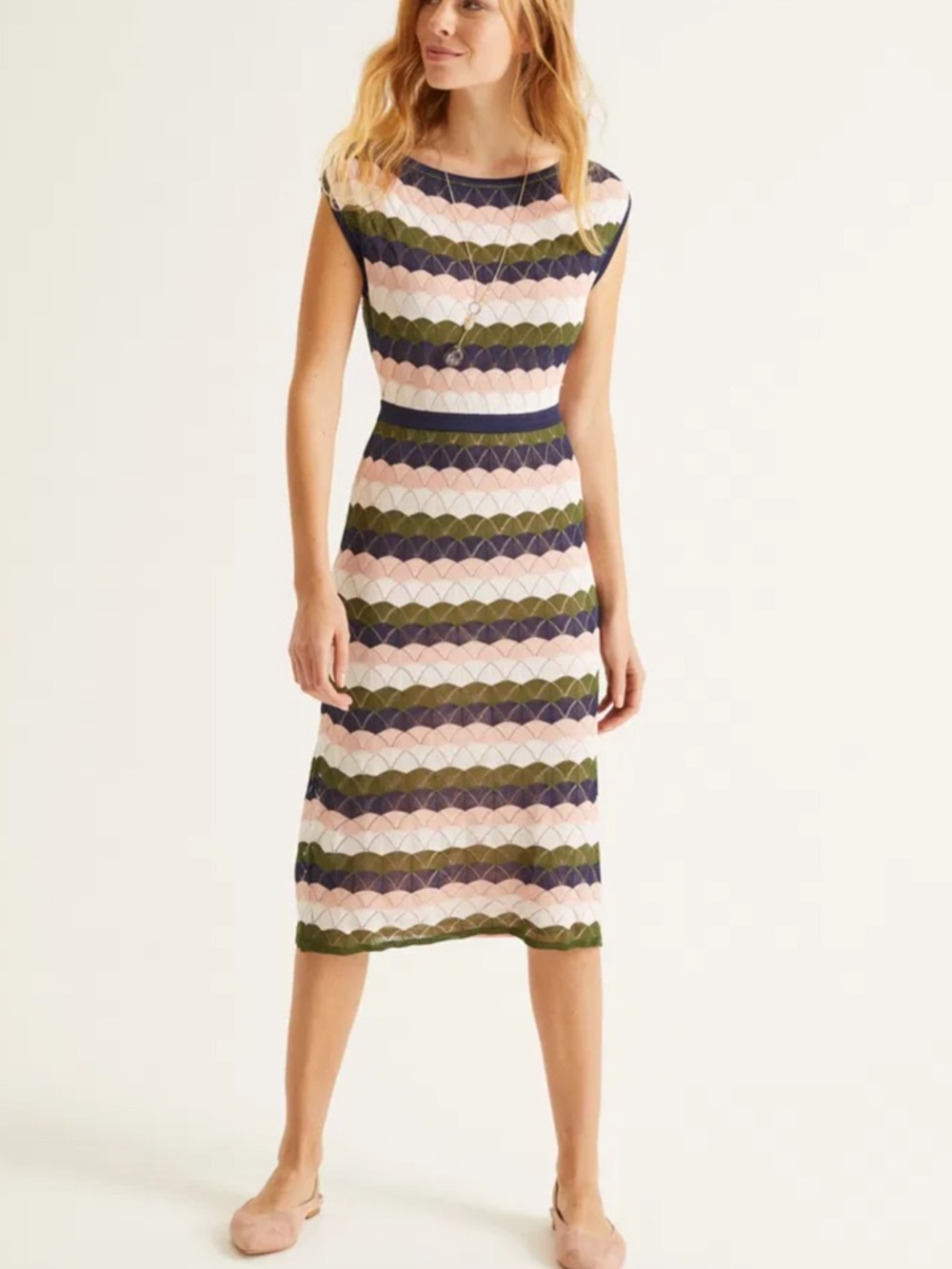 Boden Striped Scallop Knit Midi Dress in Pink, Olive & Navy